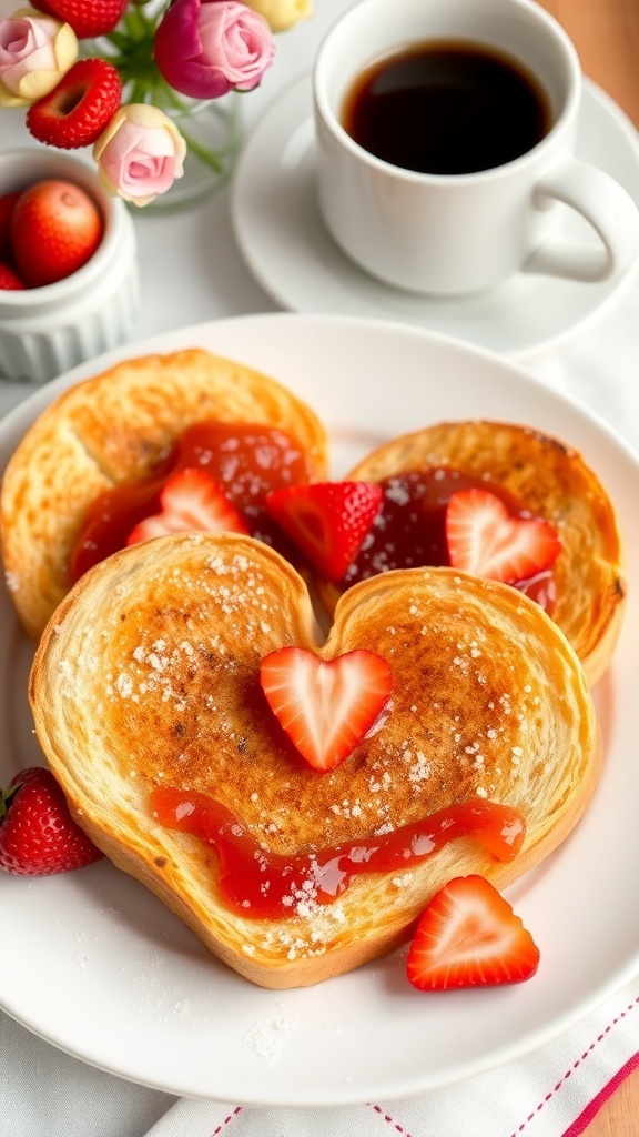 Heart-Shaped Toast Recipe Heart-shaped toast topped with strawberry jam and fresh strawberries on a plate.